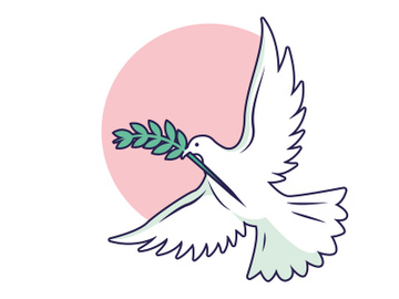 White dove bird with green sprig. Icon isolated on blue. Peace, holiday, love, hope vector symbol. International Peace day sign. preview picture