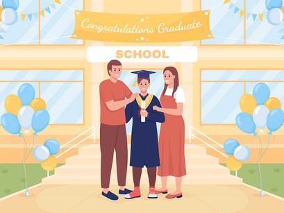 School graduation ceremony color vector illustration set