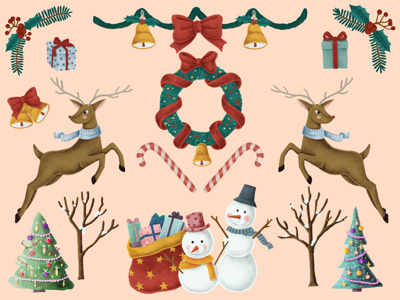 christmas elements tree, character, deer, element, christmas, gift