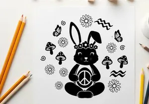 Peaceful silhouette bunny in flowers and mushrooms