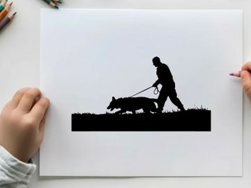 Man walking dog in silhouette against white background preview picture