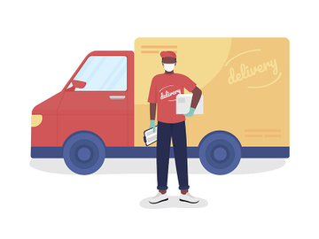 Courier with parcel and van semi flat color vector character preview picture