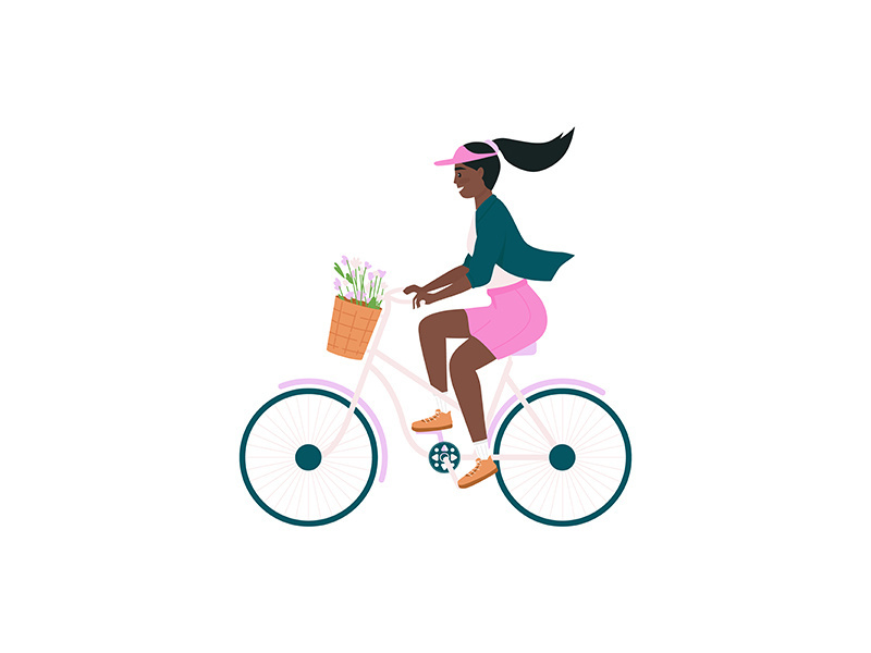 African american woman in bicycle flat color vector detailed character