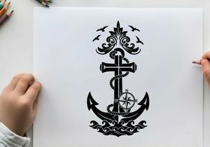 Nautical silhouette anchor cross compass birds sea waves