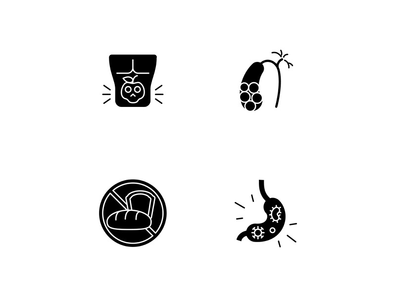 Discomfort in abdomen black glyph icons set on white space