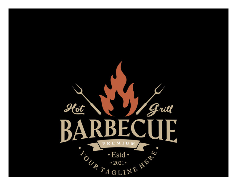 Simple Barbecue Vintage hot grill, with crossed flames and spatula. Logo for restaurant, badge, cafe and bar.vector