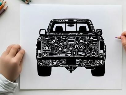 Silhouette of a pickup truck with detailed engine components in black and white