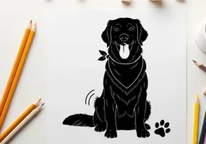 Black dog silhouette with bandana and happy expression