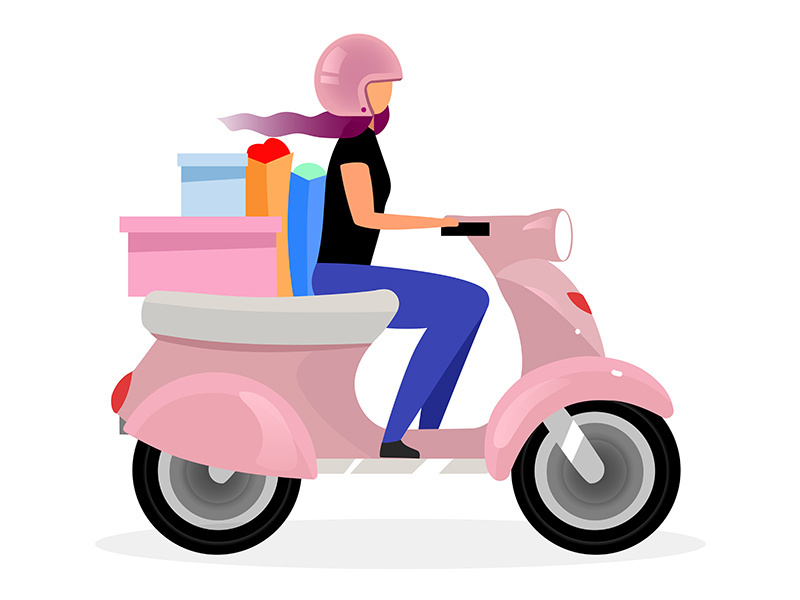 Girl driving scooter flat vector illustration