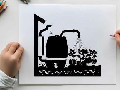 Silhouette of barrel watering system for gardening plants