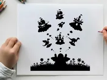 Whimsical silhouette of fantasy creatures and ships in the air