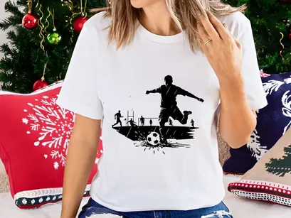Soccer player kicking ball in rain with teammates in background on field