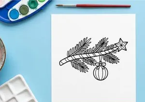 Ilustrasi hiasan dahan cemara, bintang, dan ornamen gantung bergaya tangan untuk karangan Natal