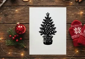 Ilustración de árbol de Navidad dibujado a mano con adornos y estrella en una maceta de arpillera.