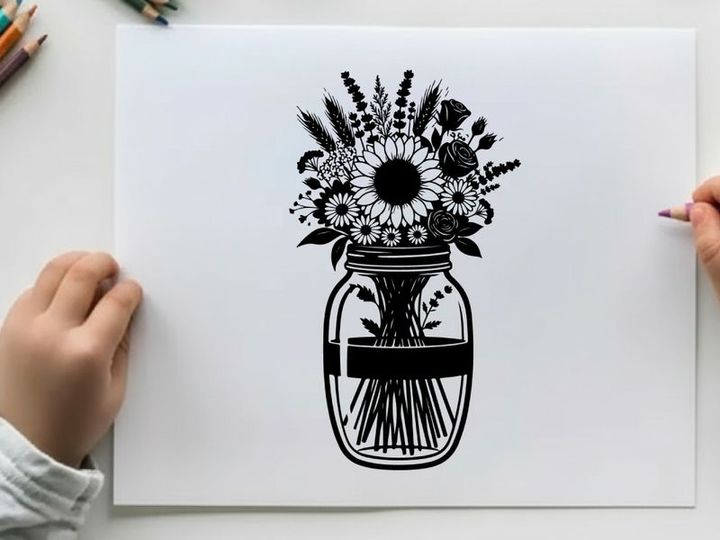 Silhouette of flowers in a mason jar vase silhouette