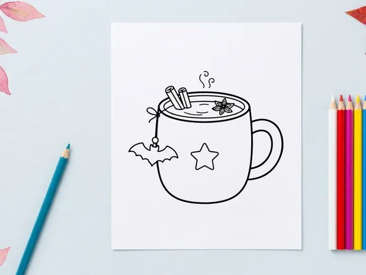 Hot coffee mug with whipped cream and cinnamon for winter holidays. Cozy festive drink topped with marshmallows and snowflake decorations.