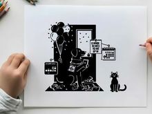 Silhouette of dog and cat celebrating birthday party