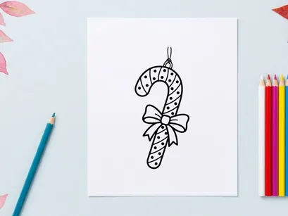 Christmas candy cane ornament line art illustration with a decorative bow for coloring page