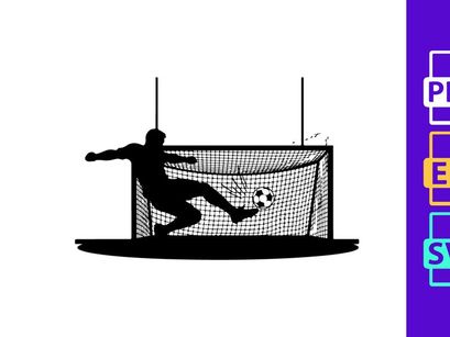 Soccer player kicking ball into goal net in action