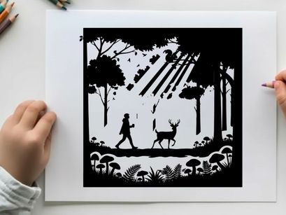 Silhouette of a man and deer in forest landscape
