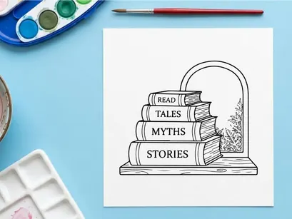 Tumpukan buku dengan pemandangan jendela musim dingin, ilustrasi seni garis untuk membaca Natal.
