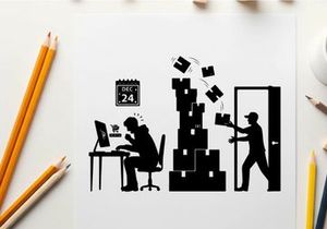 Silhouette of office worker amidst chaotic moving boxes and computer work