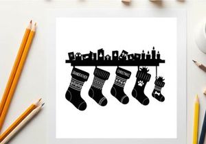 Christmas socks hanging on a city skyline silhouette