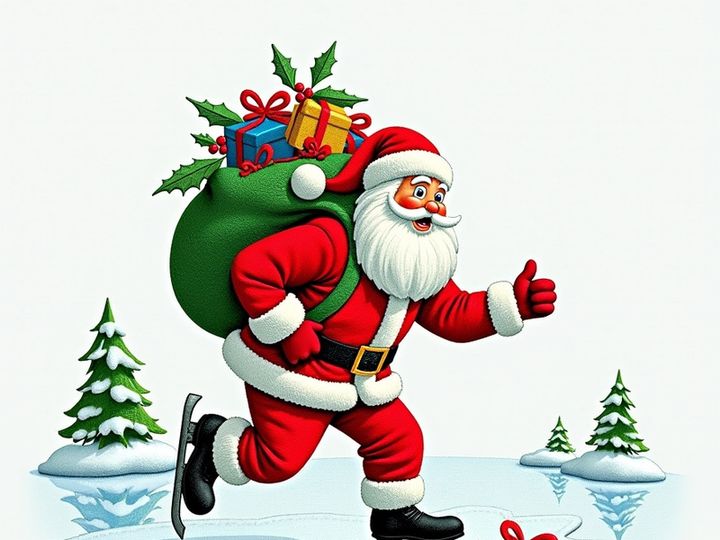 A festive graphic of Santa ice skating while delivering gifts.