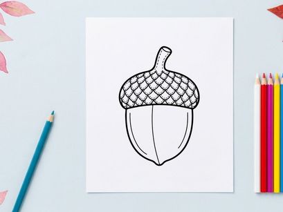 Close-up of an acorn with textured cap and smooth nut. Nature-inspired design element for autumn themes.