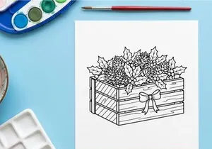 Hand-drawn Christmas gift box with festive bow and snowflake decorations isolated on white