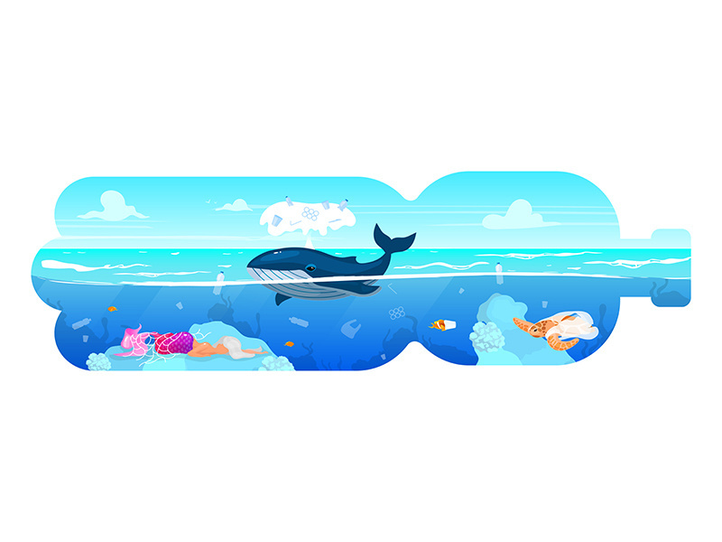 Whale and waste in plastic bottle silhouette flat concept icon
