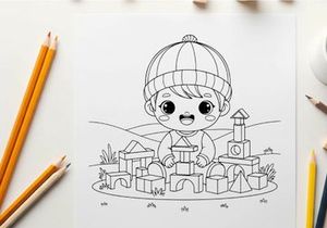 Cute baby playing with wooden blocks vector illustration
