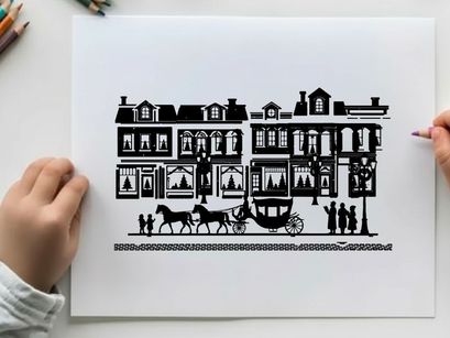 Silhouette of a horse drawn carriage in front of buildings