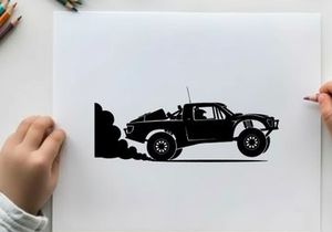 Silhouette of a pickup truck with smoke coming out of the back
