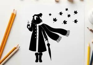 Silhouette of a person in winter clothes holding umbrella