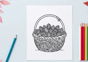 Woven basket filled with pine cones line art illustration