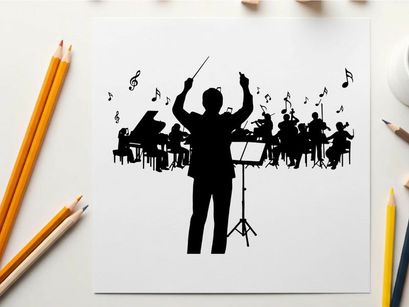 Silhouette of conductor leading an orchestra in music performance
