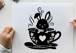 Adorable bunny silhouette in a teacup with heart design