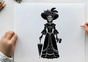 Victorian silhouette of a woman in a lavish dress and hat