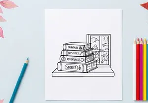 Stack of vintage books on a windowsill with a view of nature, hand drawn line art style.
