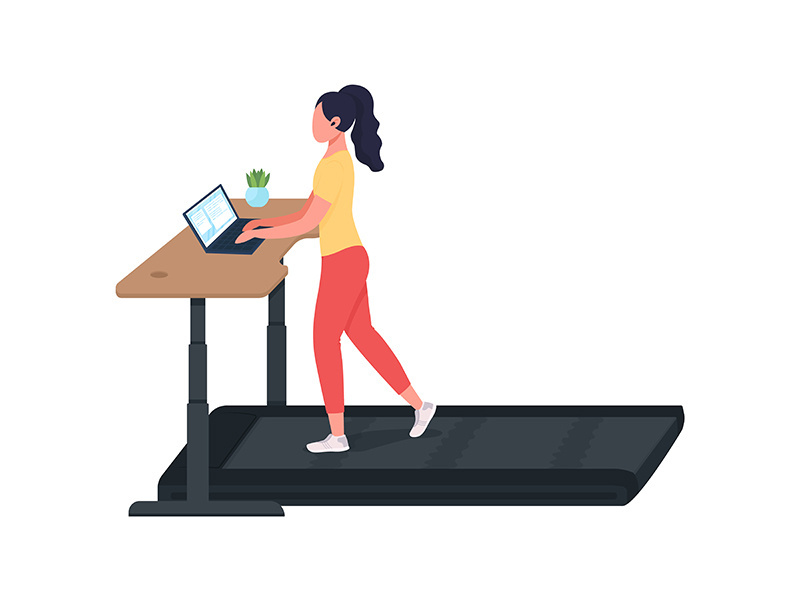 Woman working at treadmill workstation flat color vector faceless character