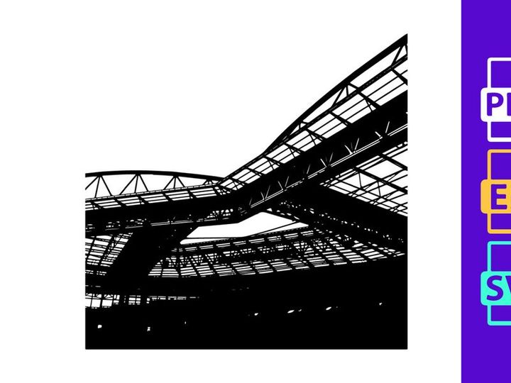 Black and white photograph of a large industrial or sports venue roof structure