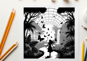 Silhouette of a girl in a greenhouse with butterflies and plants