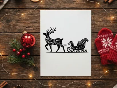 Black silhouette of a Christmas reindeer pulling a decorative sleigh on white background.