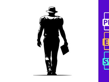 Silhouette of a man walking away in a hat with a briefcase preview picture