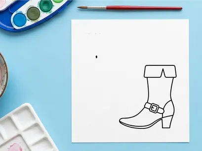 Line art cowboy boot with decorative stitching and side straps. Minimalist western footwear sketch for fashion design and branding projects.