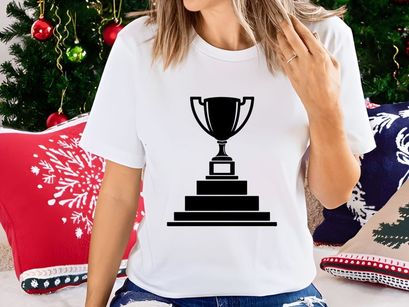 A black trophy icon sitting on a three tiered pedestal base