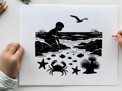 Boy exploring beach with marine life and seagull