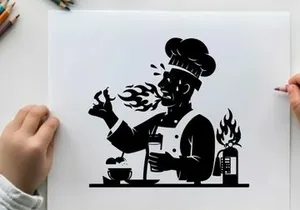 Silhouette of a chef cooking with flames and utensils