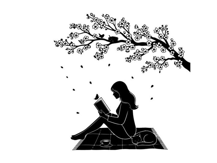 Silhouette of a woman reading under a blooming tree at night